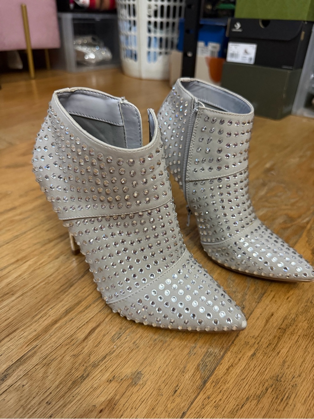 Steve Madden Light Gray Crystal-Embellished Pointed Ankle Booties